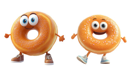 Two smiling cartoon donut characters with arms and legs against a transparent background