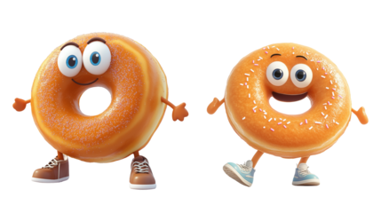 Two smiling cartoon donut characters with arms and legs against a transparent background