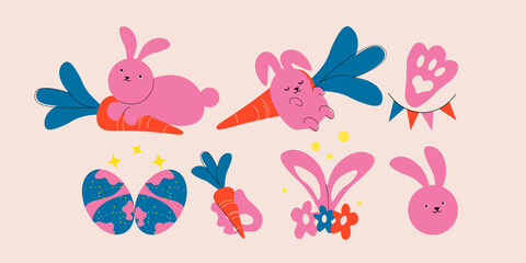 several easter bunnies, pink bunnies, rabbits with carrots e easter eggs. Hand drawn Vector illustration. solated design elements