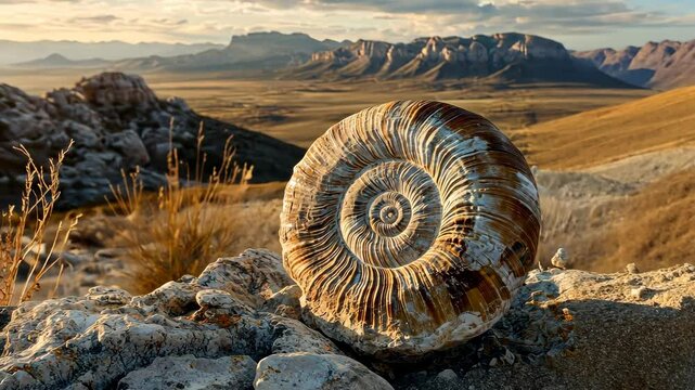 Ancient fossilized shell embedded in rocky terrain, intricate spiral patterns visible, soft natural lighting emphasizing geological layers, serene landscape