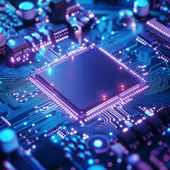 Obraz premium a computer chip with glowing lights, inside a circuit board, in blue and purple colors, with a blurred background.