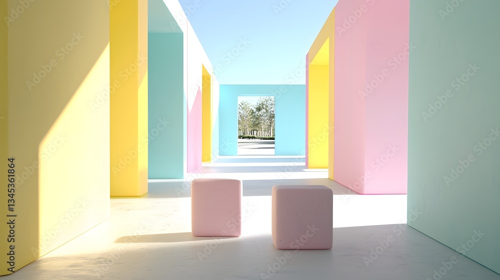 Poster pastel cube architectural structure bright geometric shapes in minimalist design