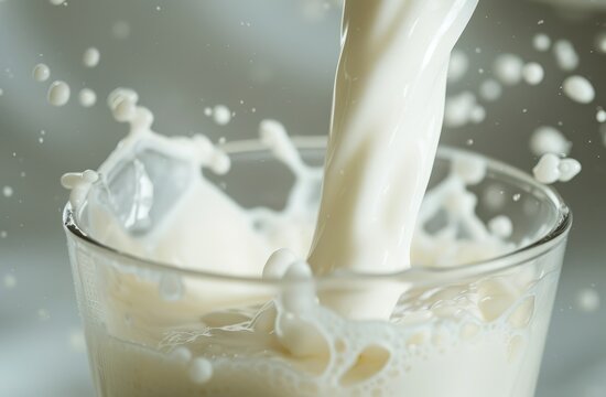 Close-up of milk pouring into a glass with splashes.