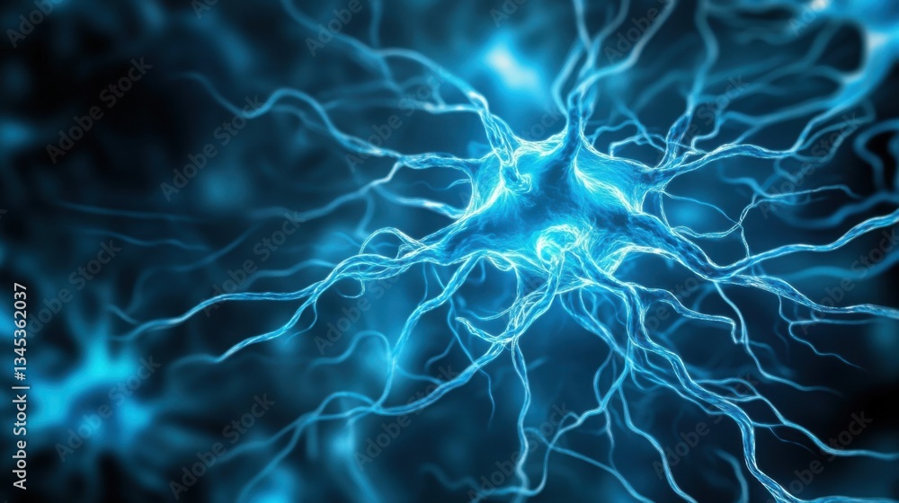 Poster abstract close-up view of glowing blue neurons with intricate branched structures in a digital backg