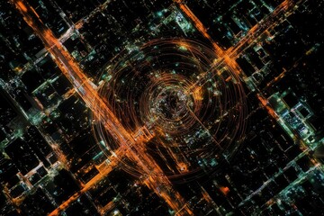 aerial nighttime cityscape showing illuminated highway networks forming globelike structure representing worldwide digital connectivity