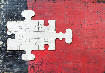 White Puzzle Piece On Red And Black Abstract Background With Textured Finish.Geometric Design.Creative Visual Art.Unique Pattern.Bold Decorative Piece.Solution Concept.Visual