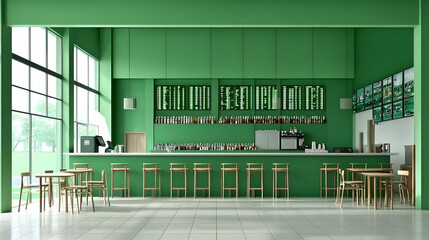 Modern Green Cafe Interior With Wooden Furniture And Large Windows