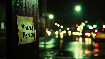Dimly lit urban street with flickering lamp casting long shadows on empty sidewalk, torn missing person poster on rain-covered bulletin board. Evoking mystery, loss, and suspense with shallow