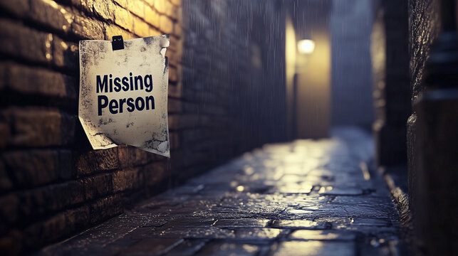 Dimly lit urban street with flickering lamp casting long shadows on empty sidewalk, torn missing person poster on rain-covered bulletin board. Evoking mystery, loss, and suspense with shallow
