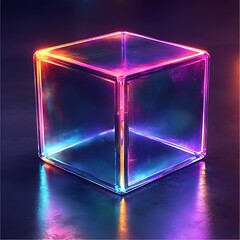 Iridescent Glass Cube with Neon Edge on Dark Reflective Surface