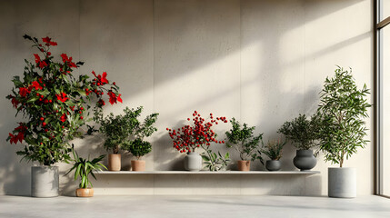 Naklejka premium Modern Minimalist Interior With Plants On Shelves