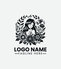 Beautiful Girl with Flowers Logo Design, Floral Girl Logo