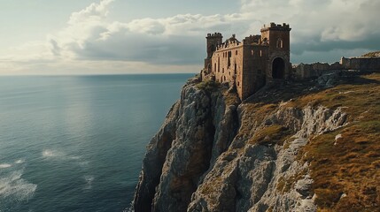 Fototapeta premium Dramatic Coastal Castle Ruins Perched on a Cliffside Overlooking the Sea