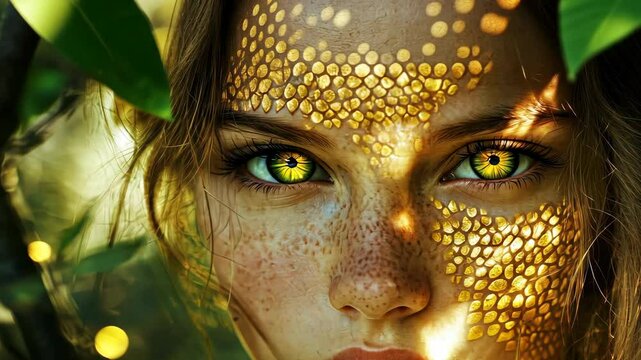 girl with golden scales on her skin, snake eyes, ethereal forest, sunlight dappling through leaves, reptilian aura, intense and hypnotic gaze, mythical and otherworldly