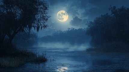Mystical moonlight reflecting on the serene, foggy river landscape