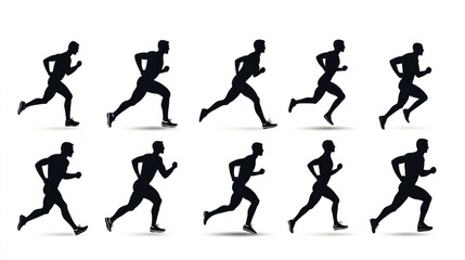 Fototapeta premium Running silhouettes, various poses, athletic action