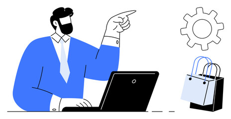 Businessman using a laptop while pointing upwards at a gear symbol, accompanied by shopping bags. Ideal for concepts in e-commerce, workflow, productivity, technology, retailer strategy, business