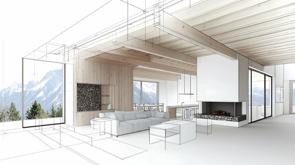 Modern Open Concept Living Room With Mountain View