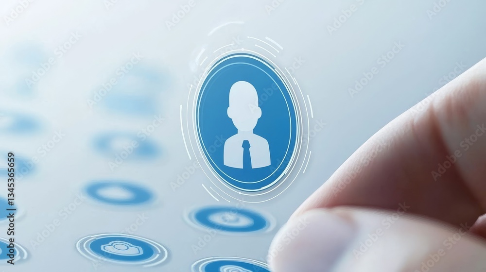 Poster human finger initiating action by pressing a button, closeup of technological interaction