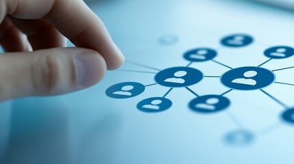 A finger hovers near a digital network diagram displayed on a light blue screen, showing interconnected profile icons representing a social or professional connection.