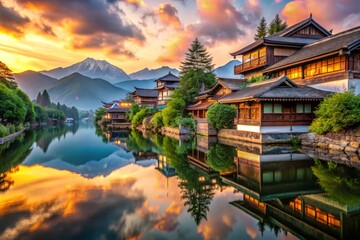 Naklejka premium Serene Asian Village Reflection at Sunset