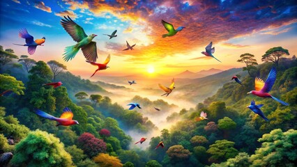 Colorful Birds Flying Over Tropical Landscape