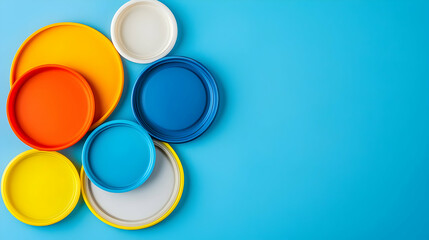 Colorful Plastic Bottle Caps In Geometric Arrangement On Blue Background