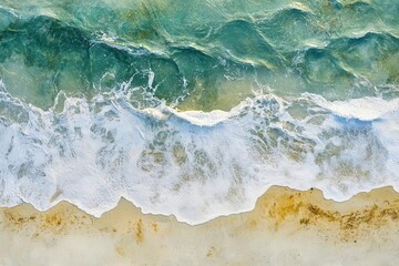 Fototapeta premium aerial view of pristine beach waves creating abstract patterns in turquoise water white sand creating natural textures