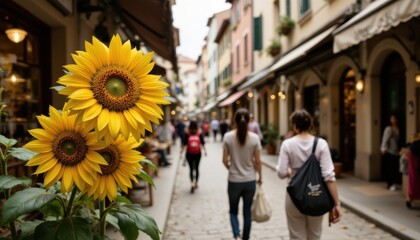 The vibrant yellow sunflowers sway gently in the breeze, their petals reaching towards the sun as shoppers bustle through the narrow cobblestone lanes of the medieval marketplace