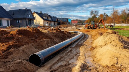 Large underground pipes are being installed in residential areas