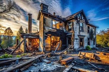 Fototapeta premium Devastated Home After Fire: Architectural Remains and Damage Stock Photo