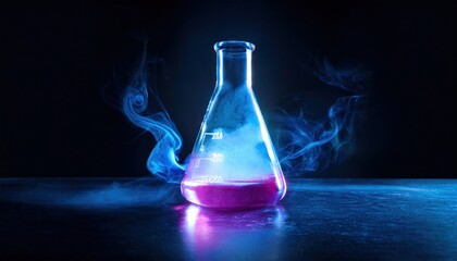 A flask with a glowing, swirling chemical reaction inside, smoke gently rising as light shifts across the glass &mdash; evoking mystery, discovery, and scientific wonder.
