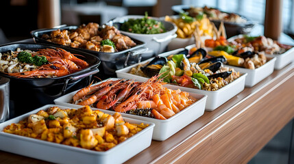 Obraz premium Seafood And Other Dishes Buffet Display On Wooden Table