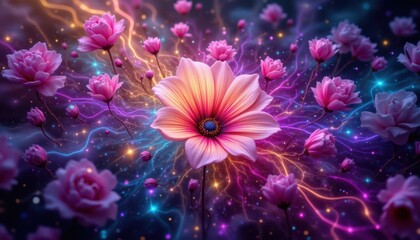Fototapeta premium The enchanting flower illustration was vividly depicted against a backdrop of swirling lights, creating a mesmerizing display of color and beauty.