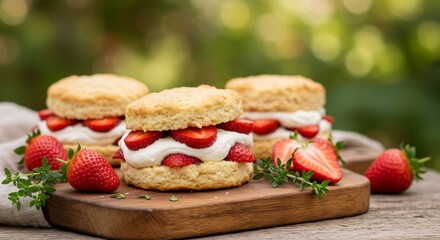 Strawberry shortcake dessert with fresh berries and cream on wooden board. Summer treat for picnic or afternoon tea. Sweet food photography with copy space