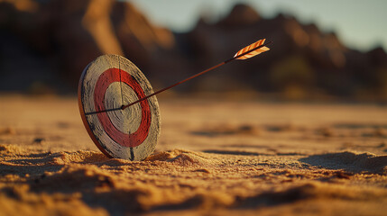 Arrow Striking a Weathered Target in the Desert &ndash; Symbolizing Precision, Focus, and Achievement in a Harsh Environment