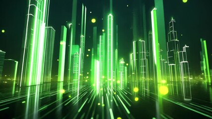 Illuminated financial growth charts with glowing green spikes and bar graphs, symbolizing positive market trends in a futuristic design