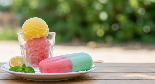 Summer refreshments: Colorful ice cream scoop and popsicle on plate outdoors. Frozen treats for hot days. Dessert concept for beach party, picnic, or National Ice Cream Day celebration