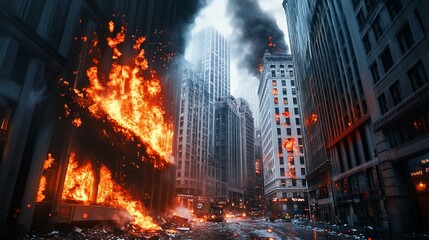 Fototapeta premium Inferno in the City: Buildings Engulfed in Flames and Chaotic Aftermath