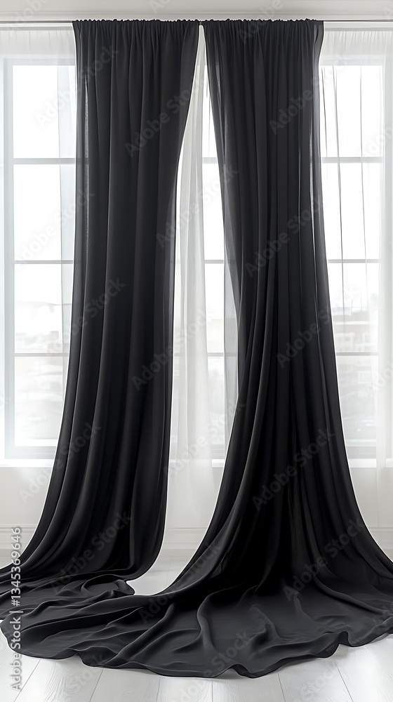 Poster dramatic black drapes cascading from a window frame creating an elegant and mysterious ambiance