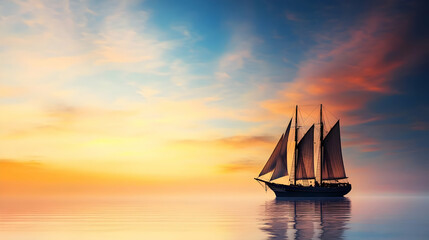 Fototapeta premium Silhouette Sailing Ship At Golden Sunset Over Calm Ocean