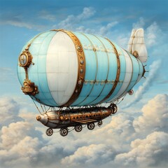 Obraz premium Whimsical Steampunk Airship Soaring Above Fluffy Clouds