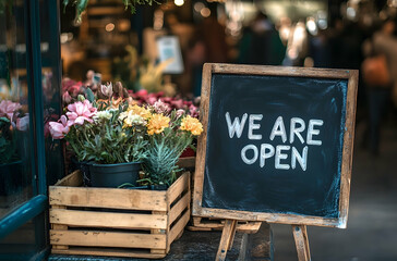 Welcoming Open Sign with Colorful Floral Arrangements in Wooden Boxes at a Lively Market Place Area  Outdoor Display Background. Highlighted Season Flowers in Arrangement