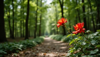 A vibrant flower blooms at the edge of a tranquil forest path, its vivid colors standing out against the lush greenery of the surrounding trees