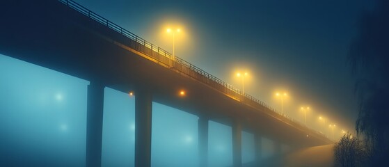 Fototapeta premium A contemporary cinematic scene depicting an illuminated bridge at night shrouded in fog with the headlights of passing cars creating a dramatic atmospheric lighting effect
