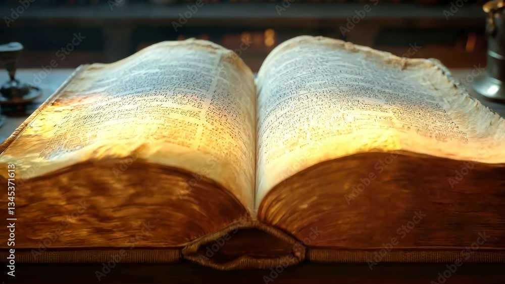 Poster open ancient book on a wooden table illuminated by soft light in a quiet library