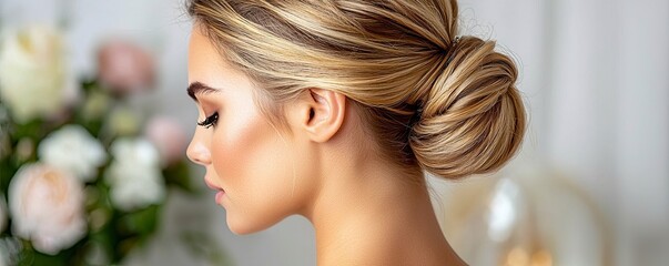 Naklejka premium This photograph showcases a profile view of a woman sporting a stunningly elegant chignon bun, a timeless hairstyle elevated with a modern twist for contemporary appeal The bun is meticulously