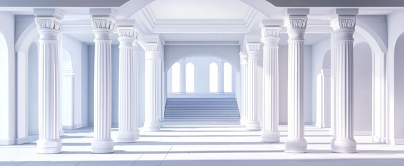Obraz premium An expansive white hall featuring numerous classical style columns