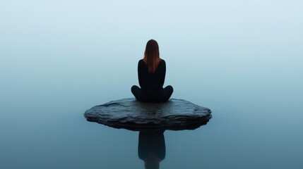 Person sitting on a rock in calm water with a serene and contemplative mood