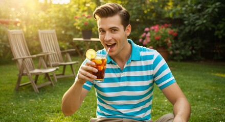 Fototapeta premium Caucasian man enjoying beer in backyard garden. Summer relaxation and outdoor leisure. Father's Day celebration concept. Casual weekend barbecue party atmosphere